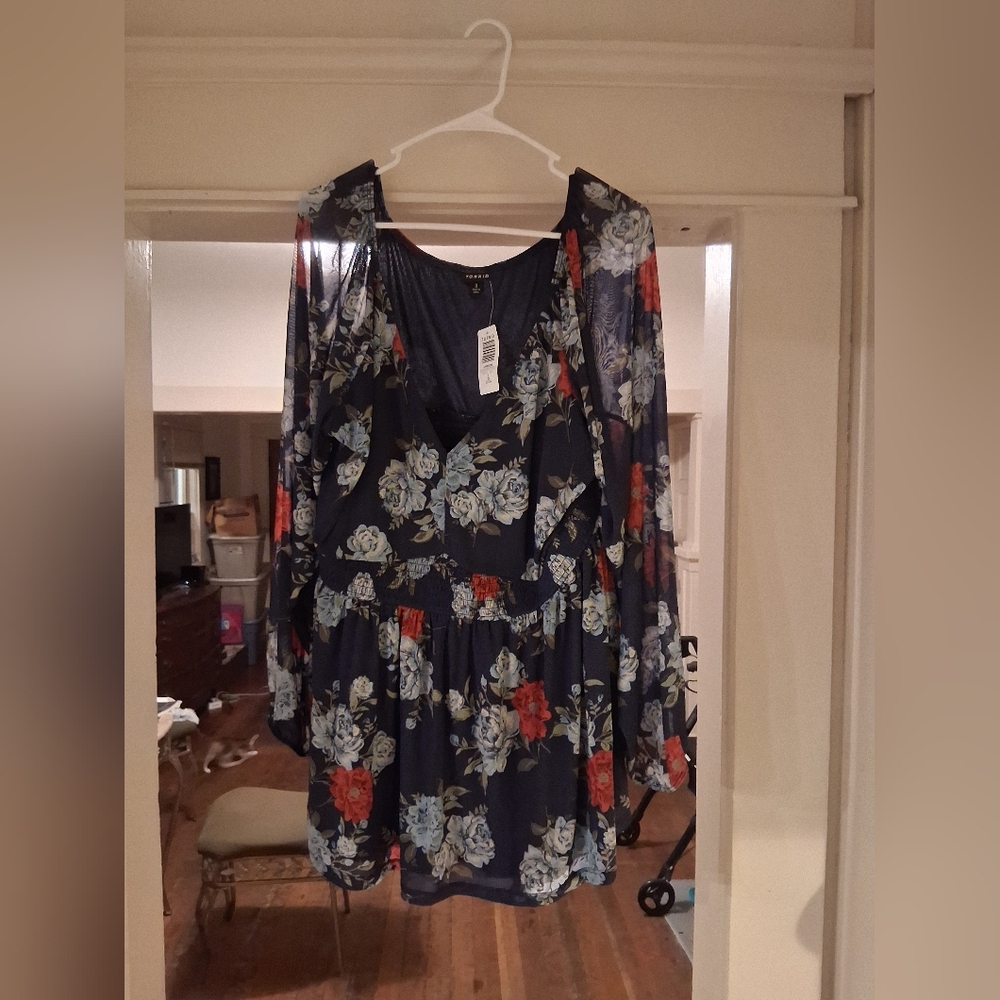 Torrid Navy Blouse with Red and White Floral Design
